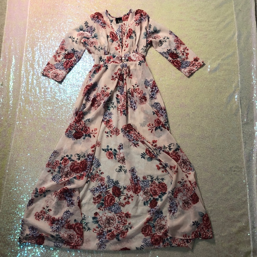 Fun & Flirt pink red floral open vest button up sheer maxi cardigan long medium